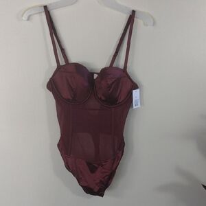 Women’s Satin & Mesh Bodysuit - Burgundy